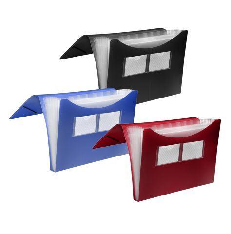 3 Faächertaschen aus PP in den Farben rot, blau und schwarz