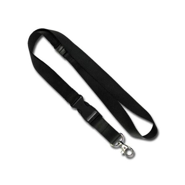 Umhängeband aus schwarzem Polyester mit drehbarem Karabinerhaken, Steckschnalle und Sicherheitsbruchstelle