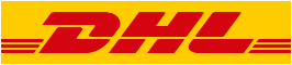 Logo des Paketdienstleisters DHL, roter Schriftzug auf gelbem Hintergrund
