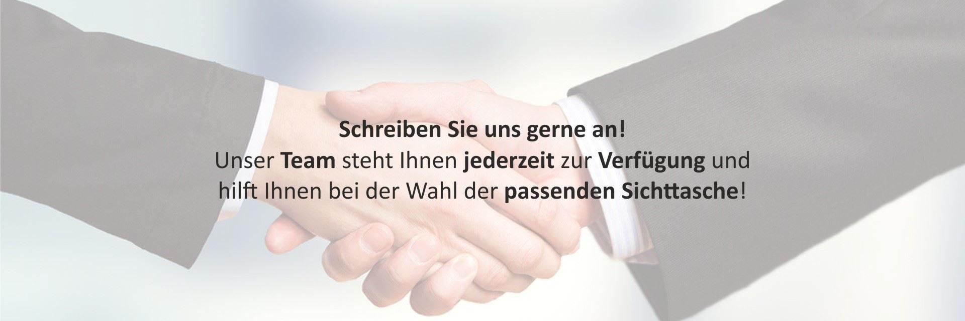 Zwei Menschen geben sich die Hand im Hintergrund, Text überlagert das Bild – Symbol für Zusammenarbeit und Kommunikation