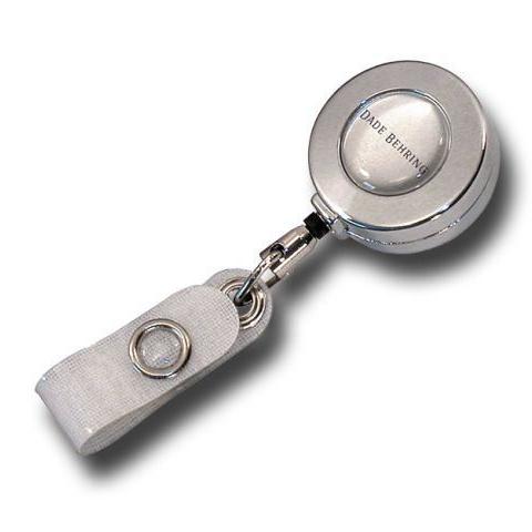 Jojo Ausweishalter in runder Form aus Metall mit textilverstärkter Lasche und Doming 