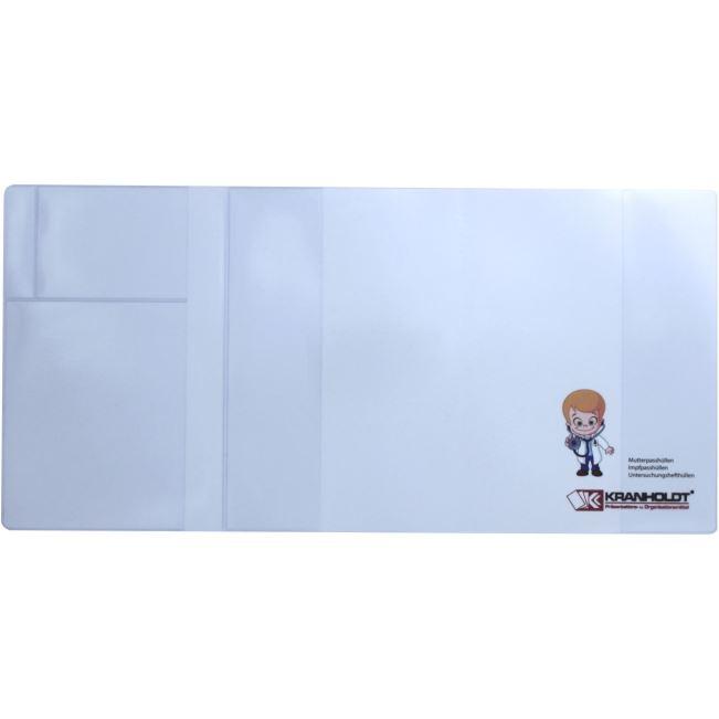 dreiteilige Kinderuntersuchungshefthülle aus transparenter PVC-Folie mit individuellem Druck