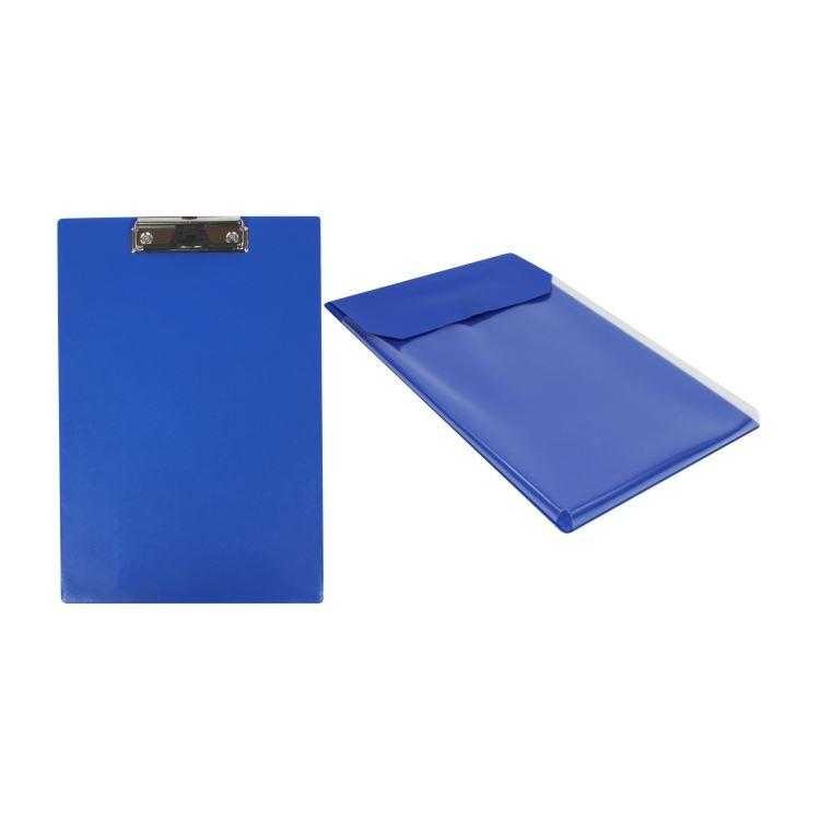 Robustes PVC-Klemmbrett, Blau como mit transparenter Tasche, Blockklammer und Kulihalterung, ideal für Dokumente bis 330x225 mm