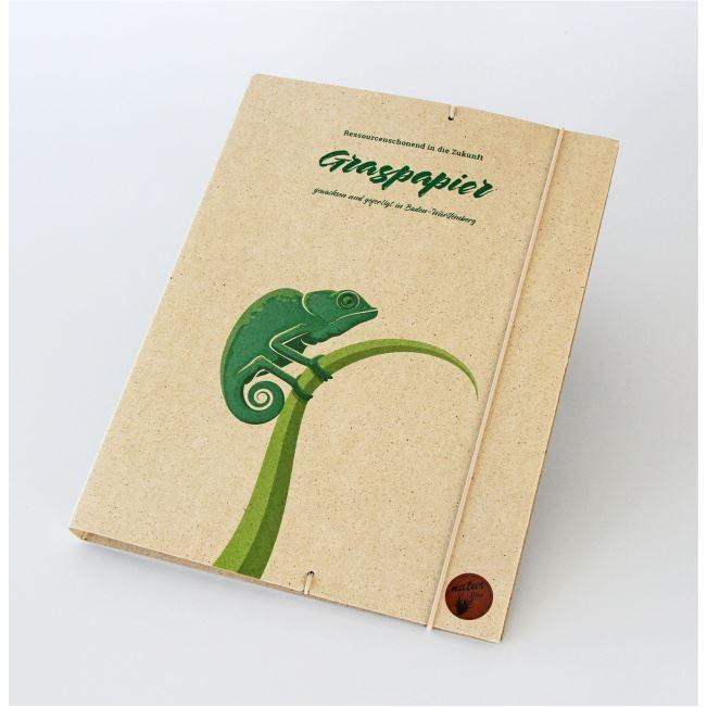 Schreibmappe aus Graspapier mit Gummizug und Druck